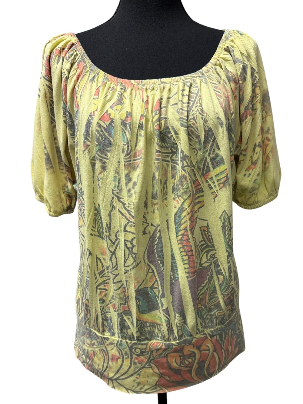 MCM Bohemian Peasant Blouse Women’s Large L Yellow Tropical Print Scoop Neck Top
